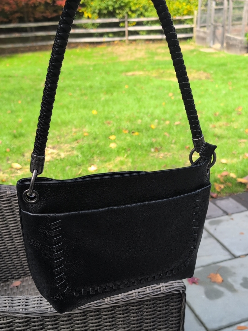 The Sak Black Leather Shoulder Bag - Classic Woven Detail. Silver Hardware